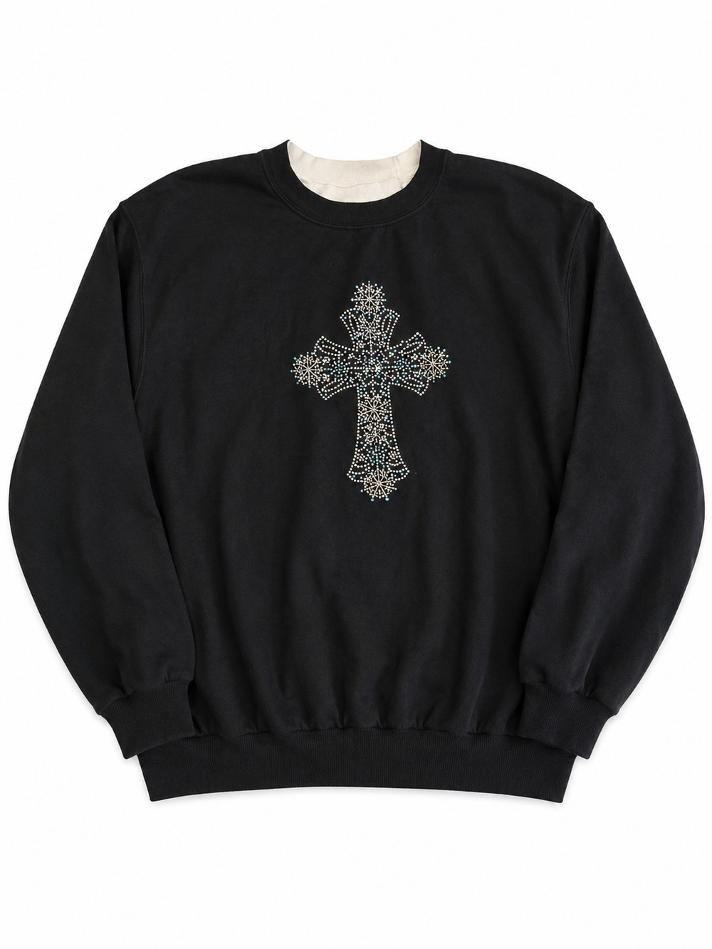 Y2K Grandmacore Black Crewneck Sweatshirt with Bedazzled Cross Design Size 2XL